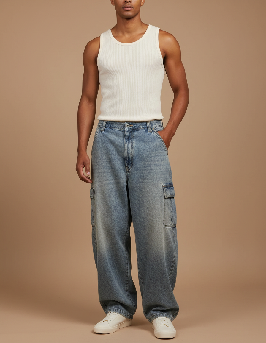 Pantalon Cargo Baggy Garcon - Bleu Jean