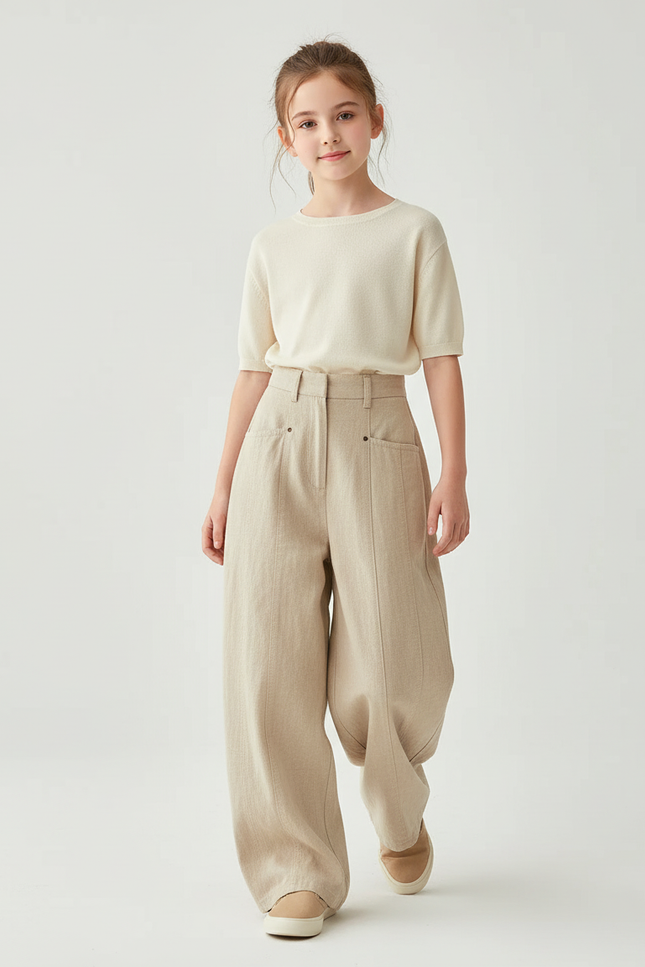 Pantalon Baggy Beige Ample Lin Taille Haute