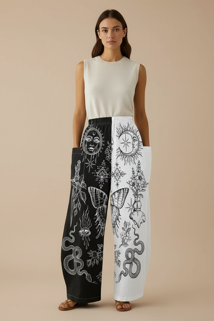 Pantalon Baggy Imprimé Lune Soleil Serpent Bicolore Large - Multicolore Coton
