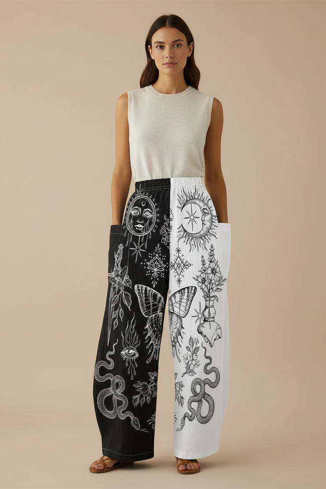 Pantalon Baggy Imprimé Lune Soleil Serpent Bicolore Large - Multicolore Coton