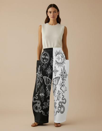 Pantalon Baggy Imprimé Lune Soleil Serpent Bicolore Large - Multicolore Coton