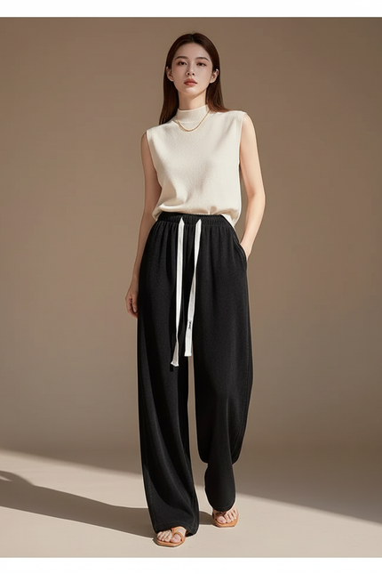 Pantalon Baggy Noir Ample Cordon Taille Haute Femme - Molleton