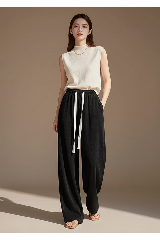 Pantalon Baggy Noir Ample Cordon Taille Haute Femme - Molleton