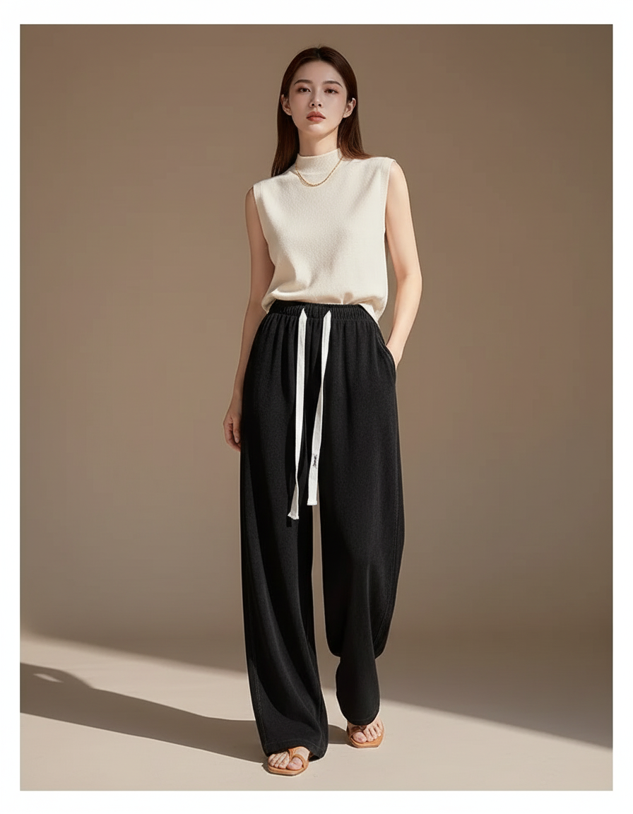 Pantalon Baggy Noir Ample Cordon Taille Haute Femme - Molleton