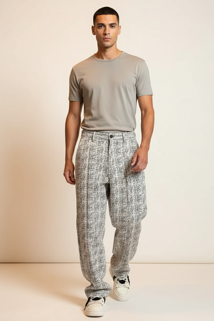 Pantalon Baggy Blanc Noir Chiné Ample Décontracté Homme - Gris Tweed