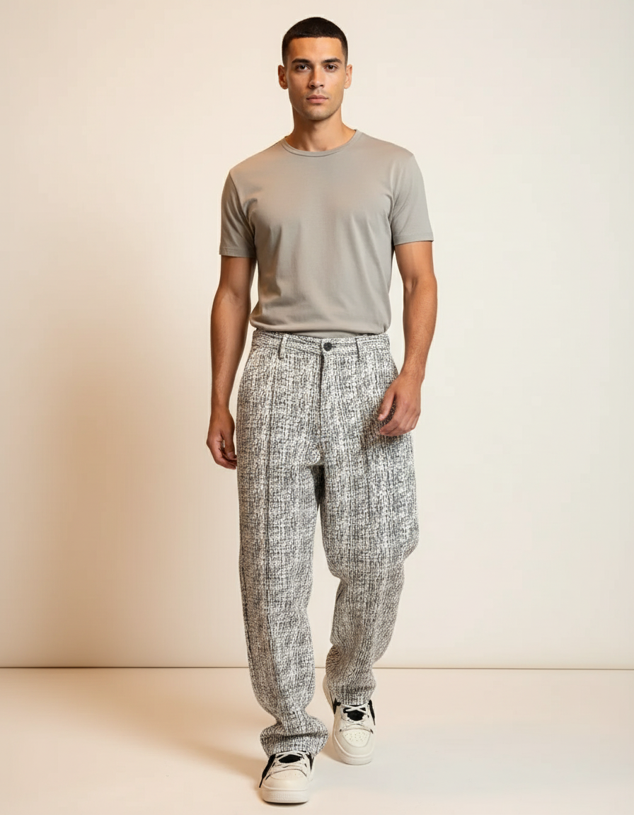 Pantalon Baggy Blanc Noir Chiné Ample Décontracté Homme - Gris Tweed