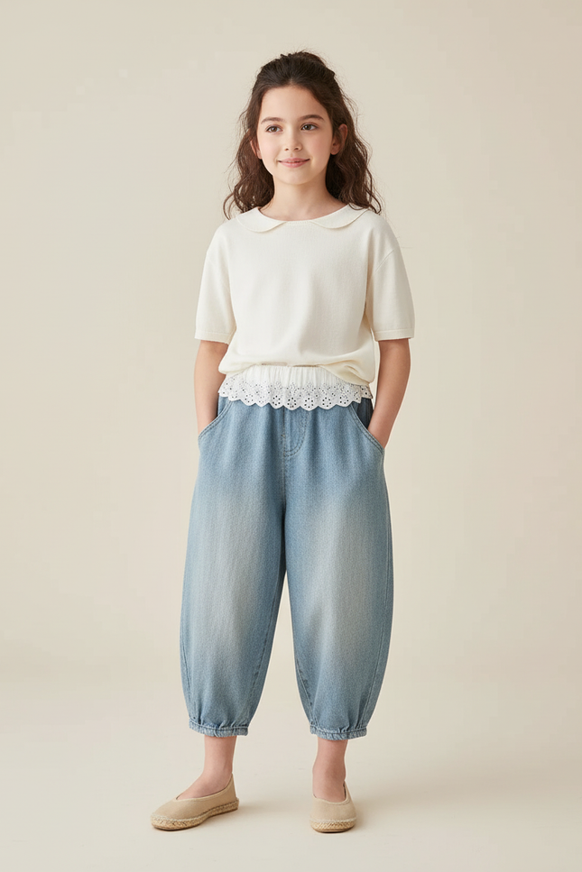 Pantalon Baggy Denim Bleu Clair Ample Fille - Jean