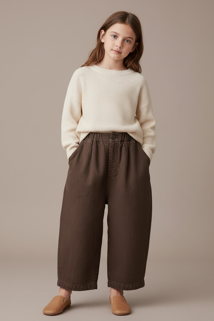 Pantalon Baggy Marron Coton Ample Décontracté Fille - Toile