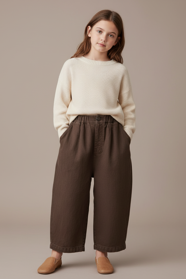 Pantalon Baggy Marron Coton Ample Décontracté Fille - Toile