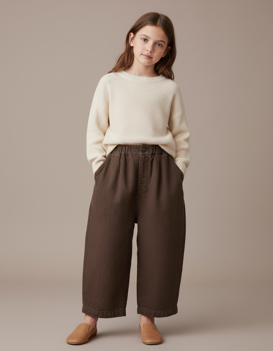 Pantalon Baggy Marron Coton Ample Décontracté Fille - Toile