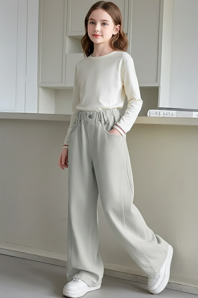 Pantalon Baggy Fille Gris Taille Élastique Denim - Jean