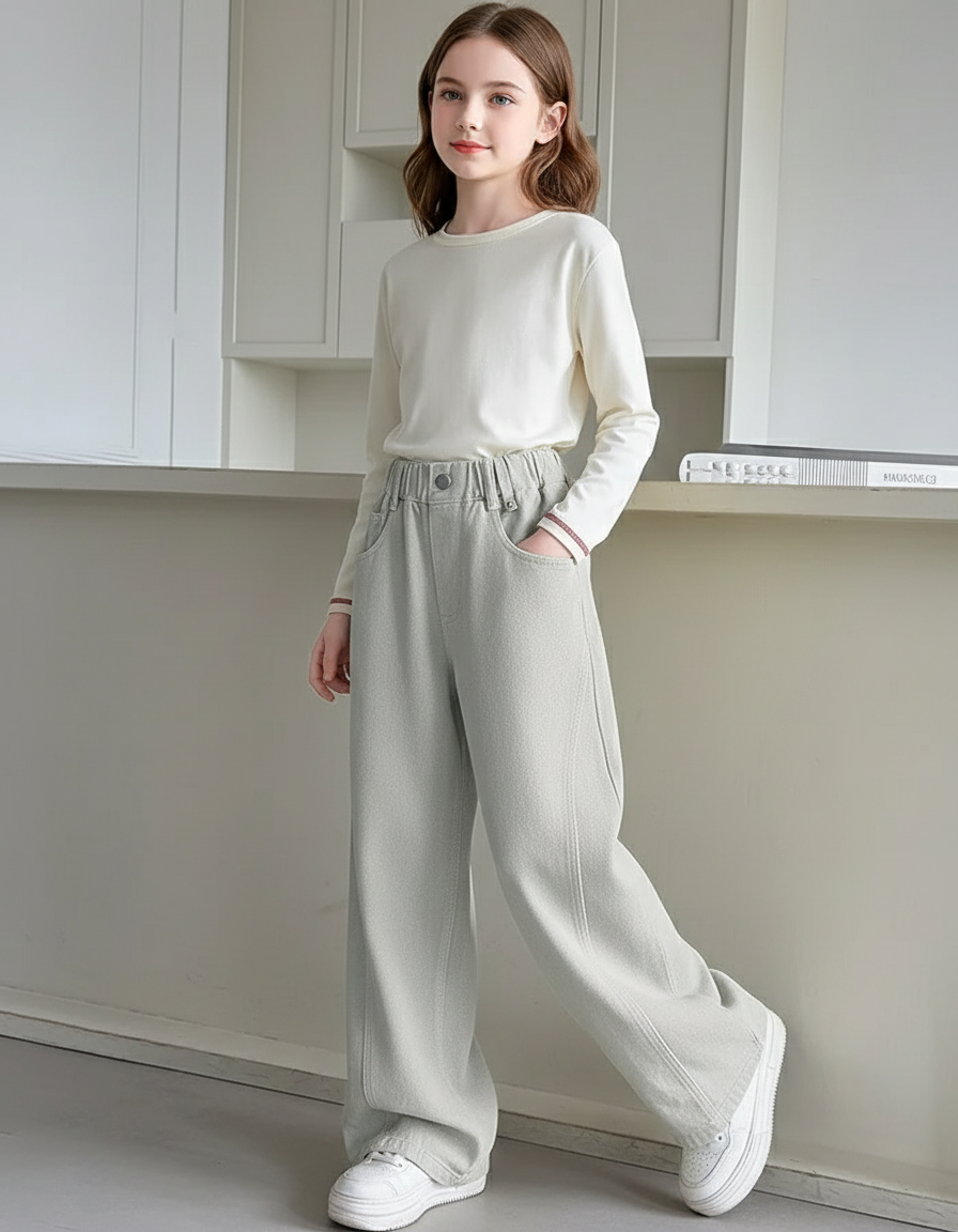 Pantalon Baggy Fille Gris Taille Élastique Denim - Jean