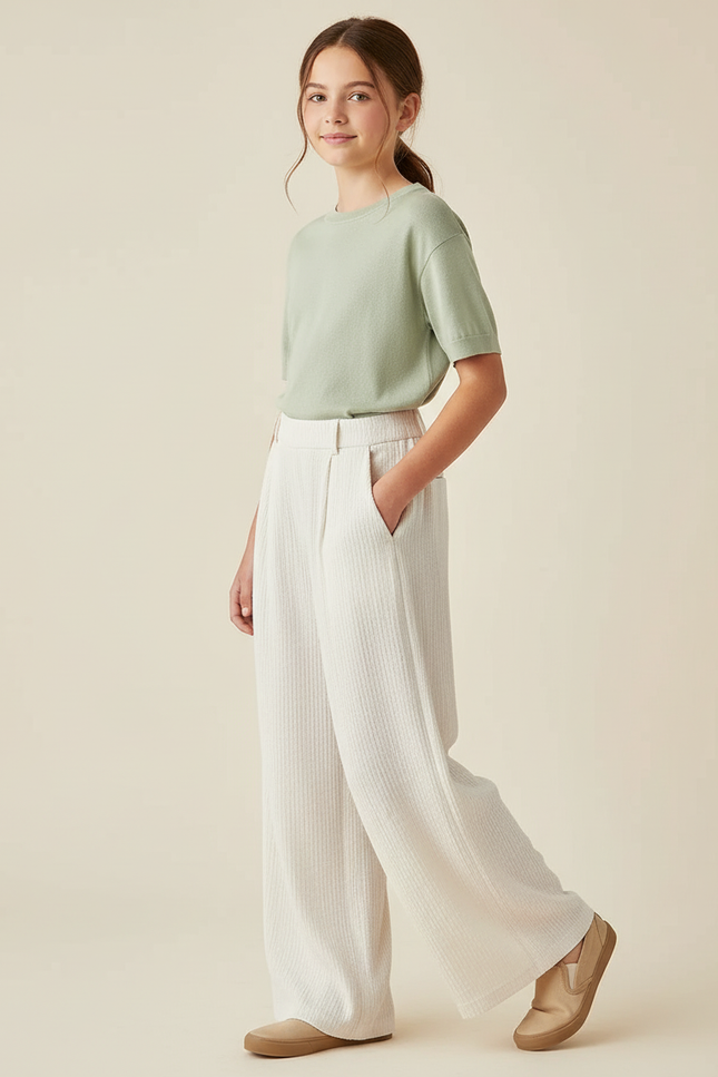 Pantalon Baggy Blanc Côtelé Ample Décontracté Fille - Cordé