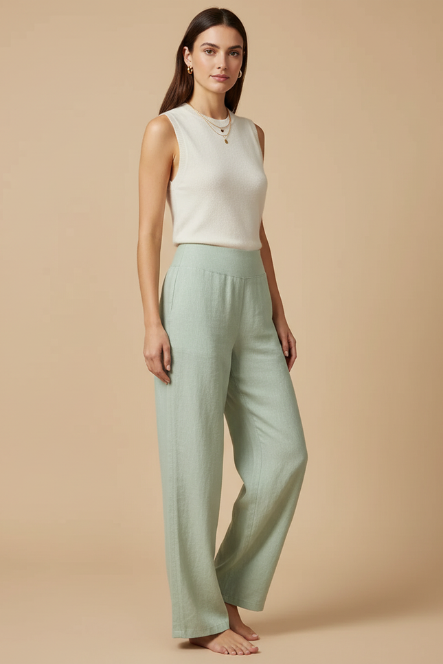 Pantalon Baggy Vert Menthe Lin Ample Fluide Décontracté