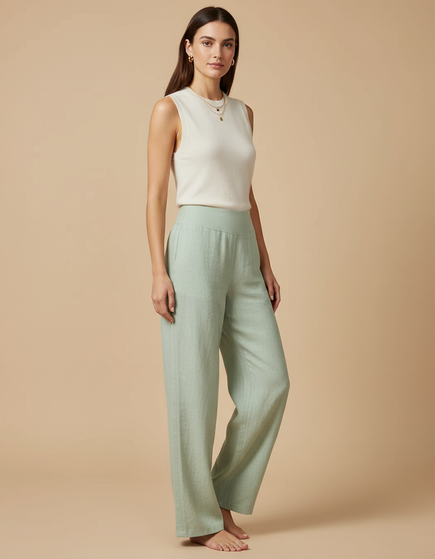 Pantalon Baggy Vert Menthe Lin Ample Fluide Décontracté