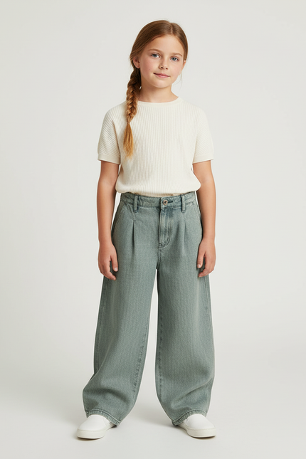 Pantalon Baggy Vert Jean Ample Plissé Enfant