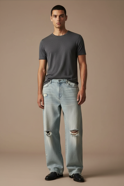 Pantalon Baggy Denim Bleu Clair Ample Déchiré Homme - Jean