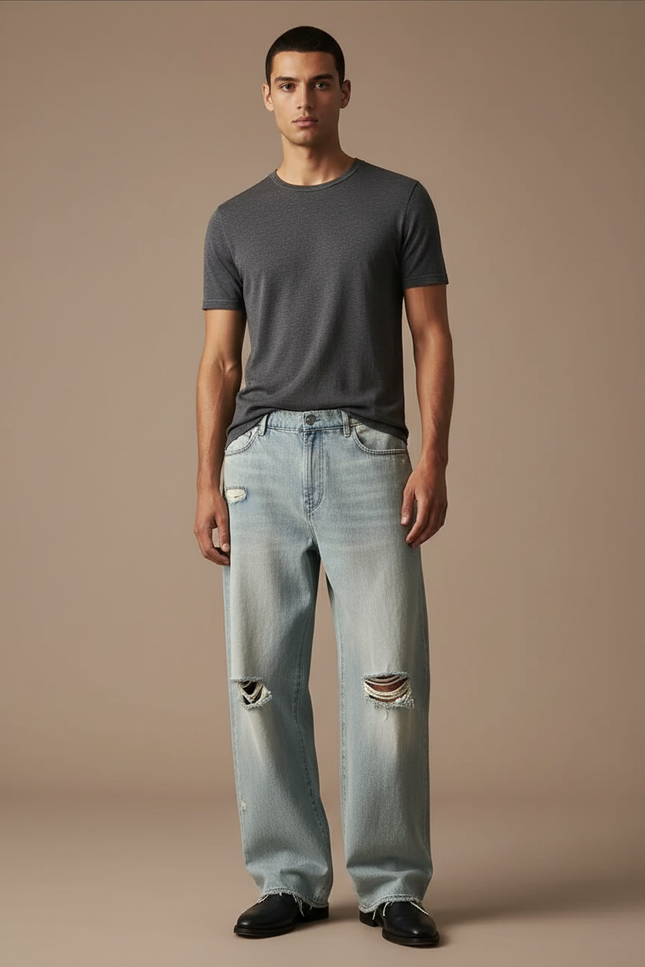 Pantalon Baggy Denim Bleu Clair Ample Déchiré Homme - Jean