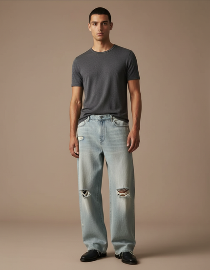 Pantalon Baggy Denim Bleu Clair Ample Déchiré Homme - Jean