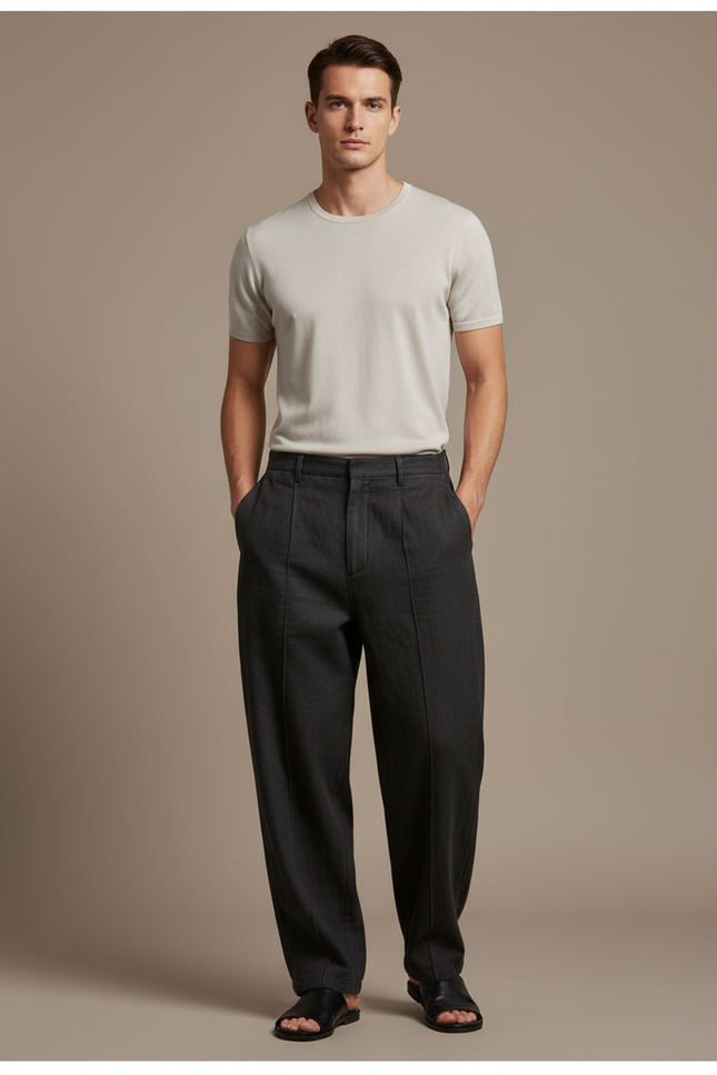 Pantalon Baggy Gris Foncé Lin Ample Plissé Décontracté Homme