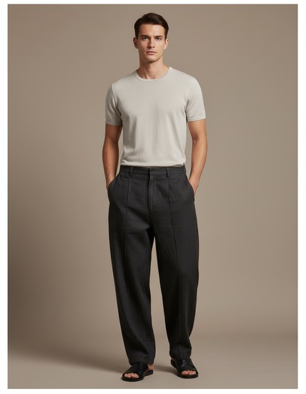 Pantalon Baggy Gris Foncé Lin Ample Plissé Décontracté Homme