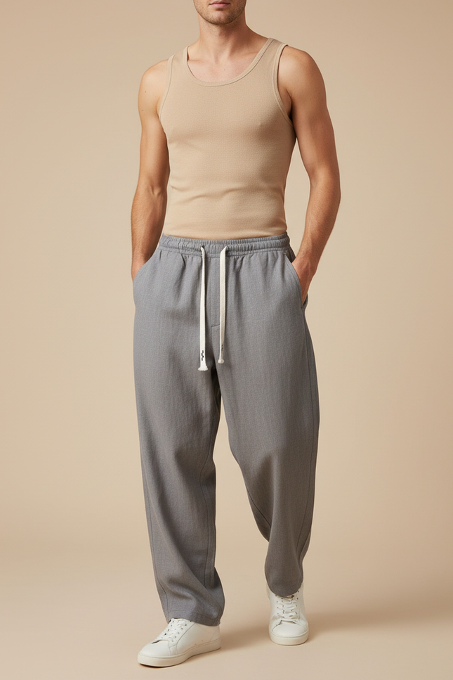 Pantalon Baggy Gris Cordon Droit Ample Décontracté Homme - Gabardine