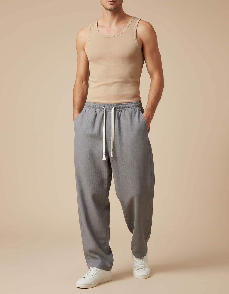 Pantalon Baggy Gris Cordon Droit Ample Décontracté Homme - Gabardine