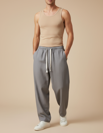 Pantalon Baggy Gris Cordon Droit Ample Décontracté Homme - Gabardine