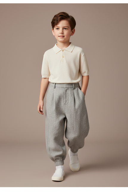 Pantalon Baggy Gris Ample Plissé Enfant Décontracté - Laine