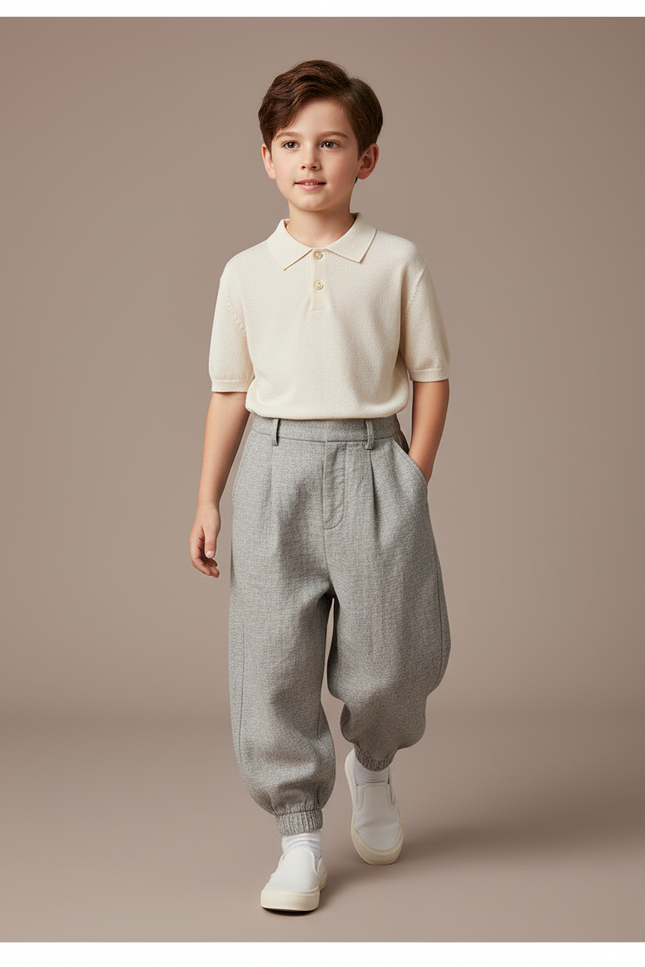 Pantalon Baggy Gris Ample Plissé Enfant Décontracté - Laine