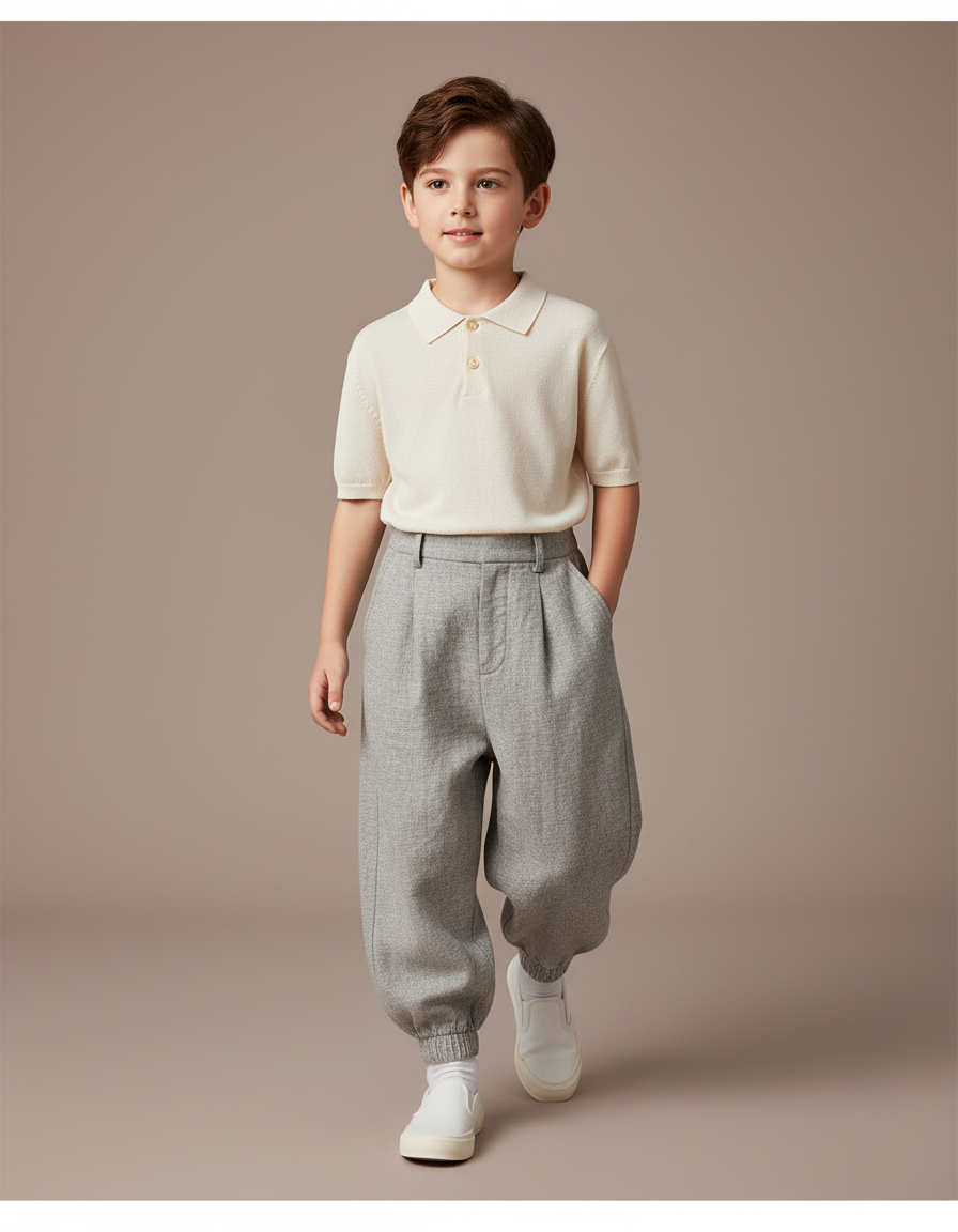 Pantalon Baggy Gris Ample Plissé Enfant Décontracté - Laine
