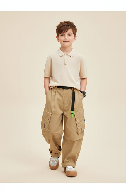 Pantalon Baggy Cargo Ample Beige Garçon Streetwear - Toile