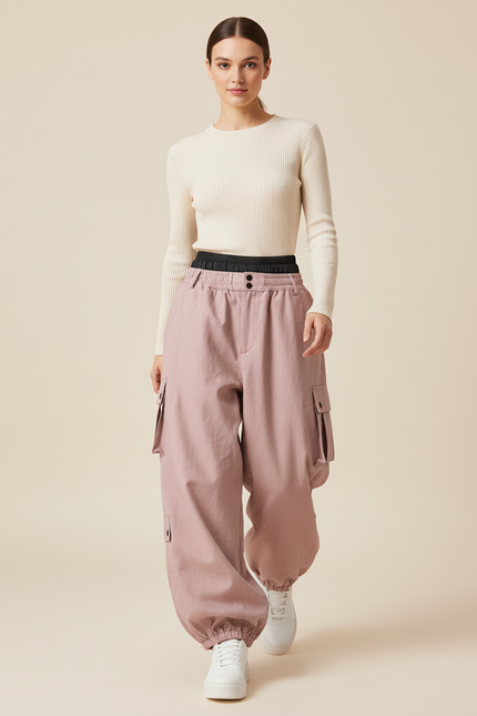 Pantalon Baggy Rose Cargo Ample Cordon Sport - Toile