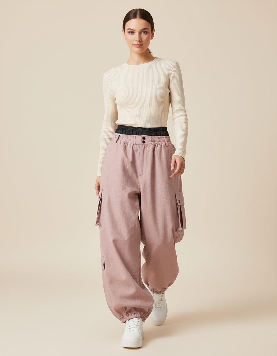 Pantalon Baggy Rose Cargo Ample Cordon Sport - Toile