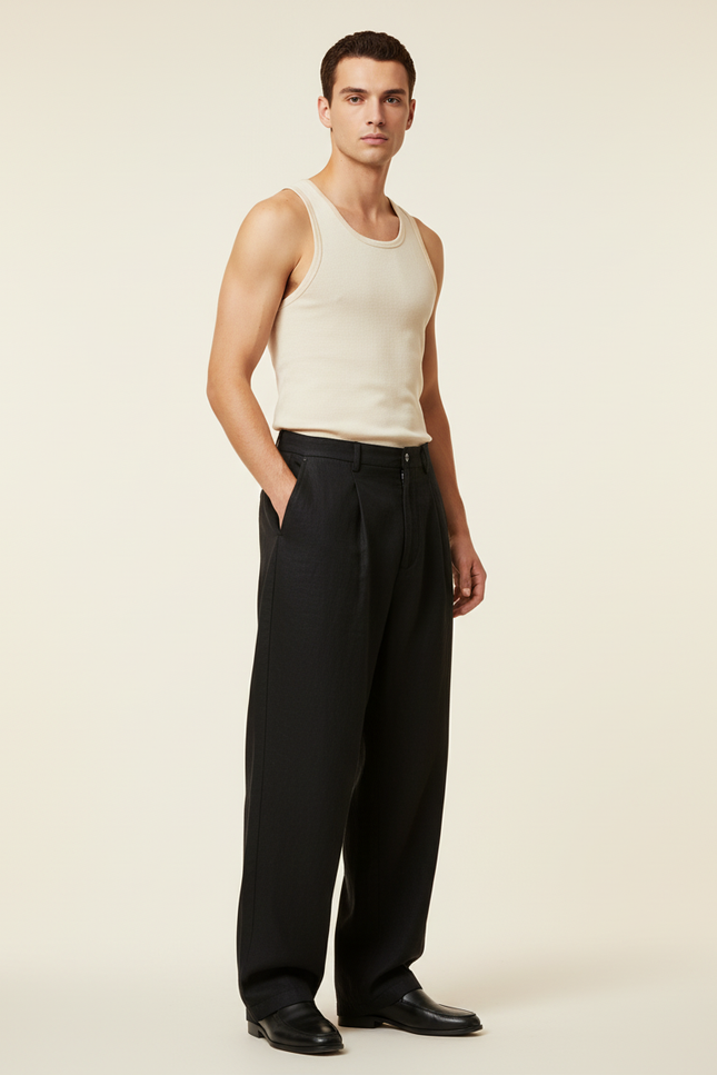 Pantalon Baggy Noir Ample Fluide Décontracté Élégant Homme - Lin