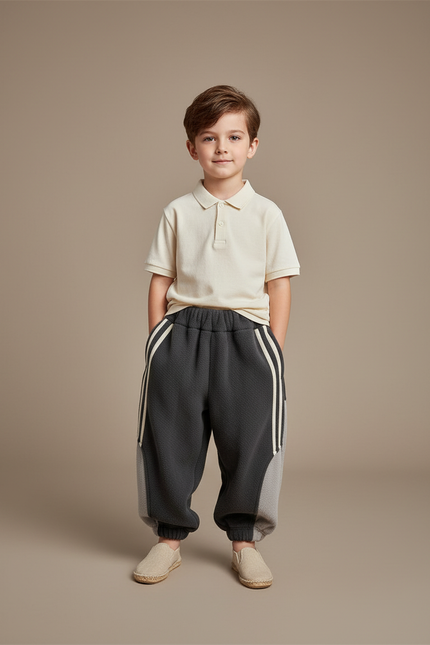 Pantalon Baggy Gris Molletonné Sport Rayures Blanc Enfant