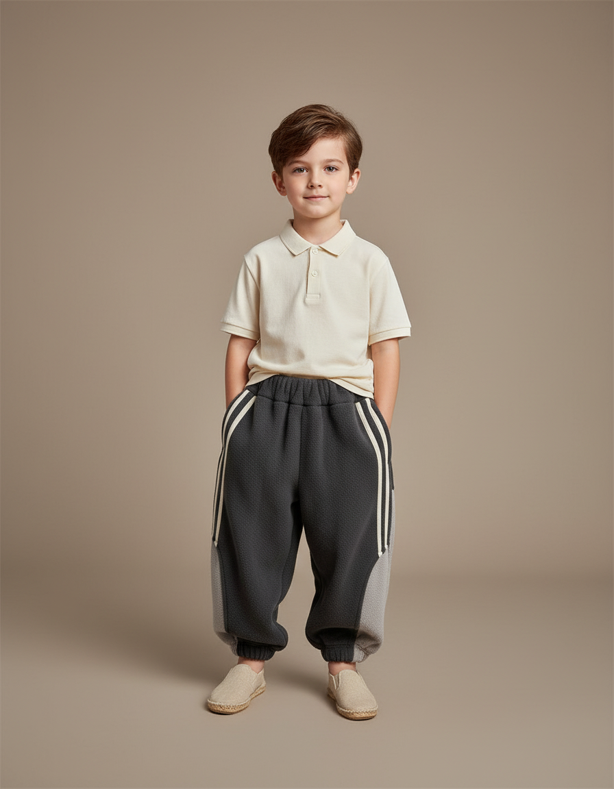 Pantalon Baggy Gris Molletonné Sport Rayures Blanc Enfant