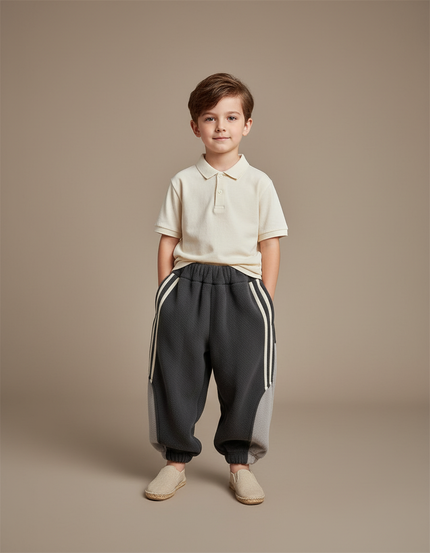Pantalon Baggy Gris Molletonné Sport Rayures Blanc Enfant