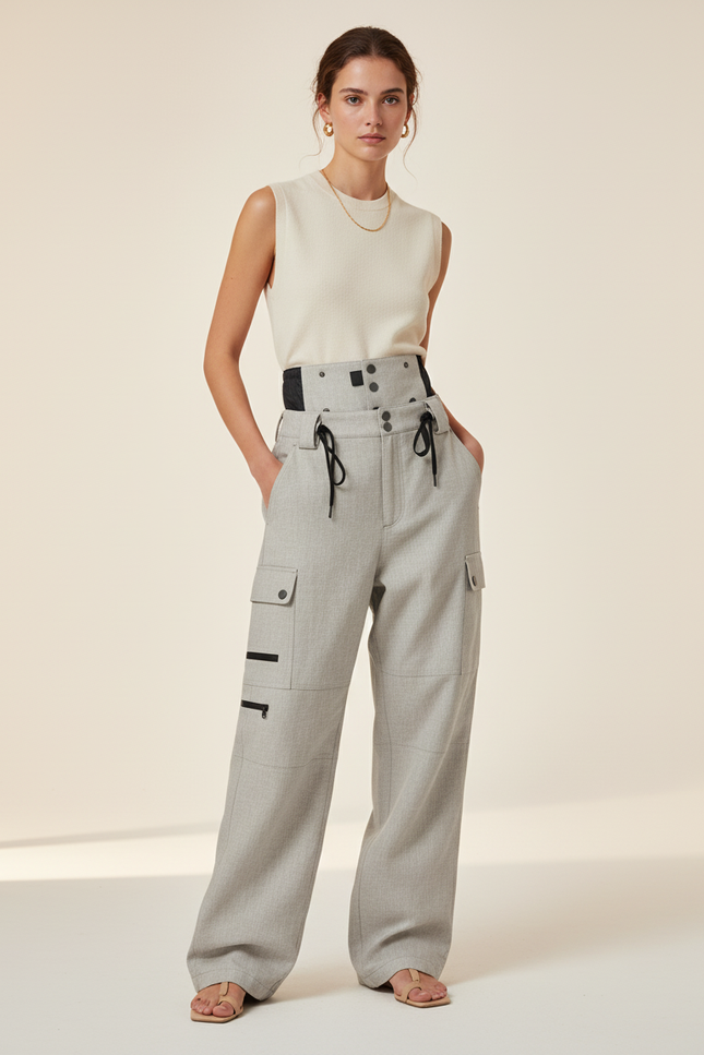 Pantalon Baggy Gris Clair Cargo Taille Haute - Gabardine