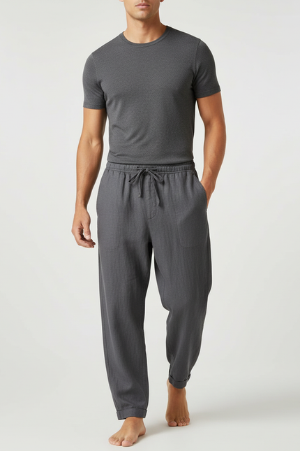 Pantalon Baggy Gris Lin Ample Décontracté Cordon Homme
