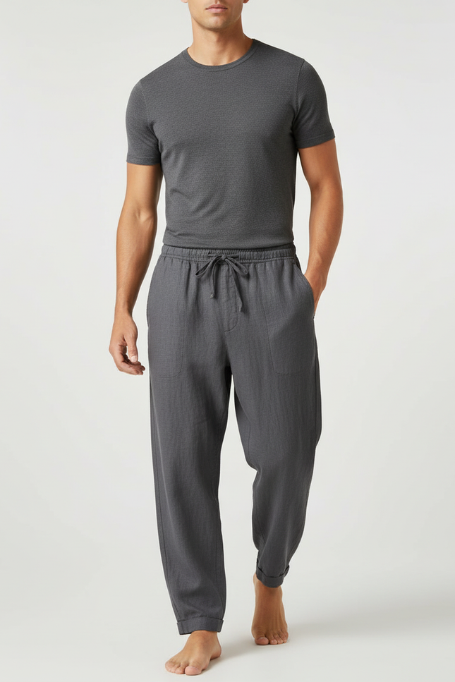 Pantalon Baggy Gris Lin Ample Décontracté Cordon Homme