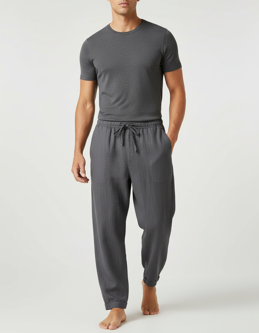 Pantalon Baggy Gris Lin Ample Décontracté Cordon Homme