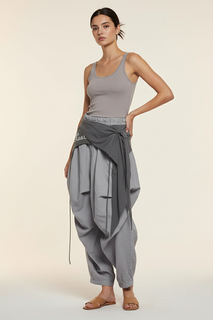 Pantalon Baggy Gris Fluide Ample Décontracté Cordon - Polyester