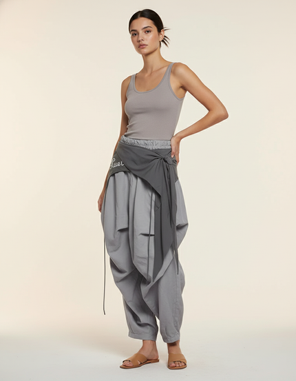 Pantalon Baggy Gris Fluide Ample Décontracté Cordon - Polyester