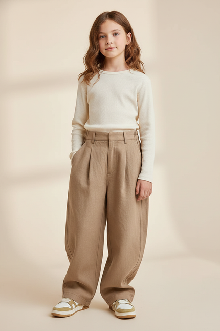 Pantalon Baggy Beige Ample Plissé Décontracté Enfant - Gabardine