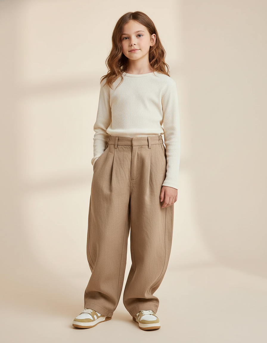 Pantalon Baggy Beige Ample Plissé Décontracté Enfant - Gabardine