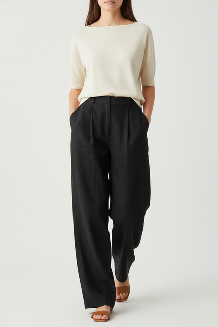 Pantalon Baggy Noir Lin Fluide Élégant Femme
