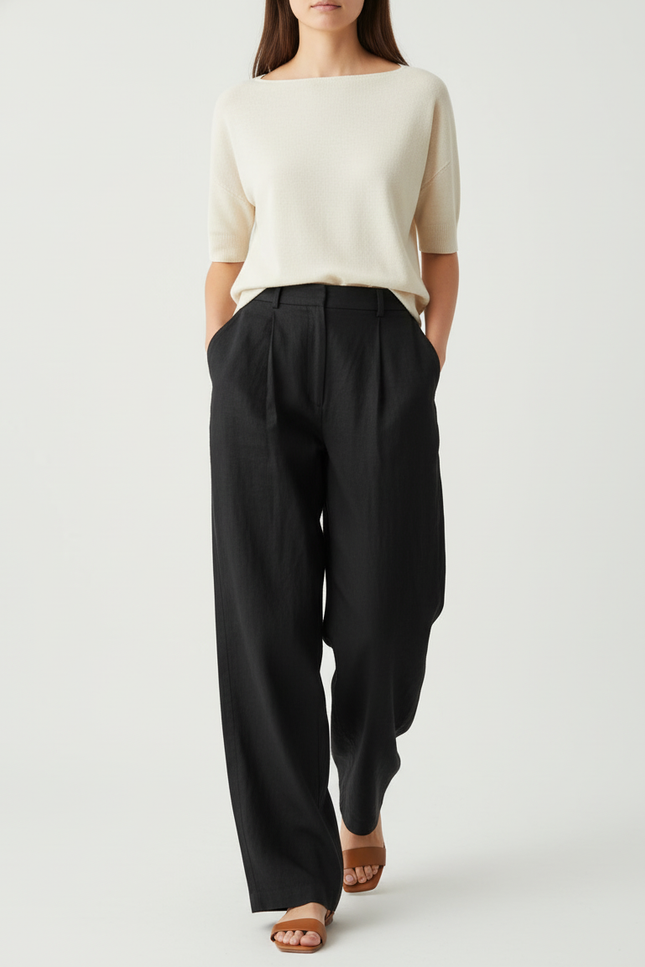 Pantalon Baggy Noir Lin Fluide Élégant Femme