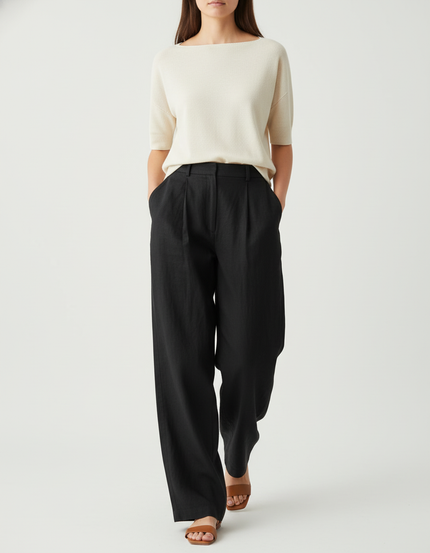 Pantalon Baggy Noir Lin Fluide Élégant Femme