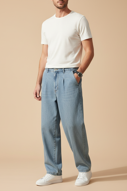 Pantalon Baggy Bleu Jean Ample Plissé Décontracté Homme